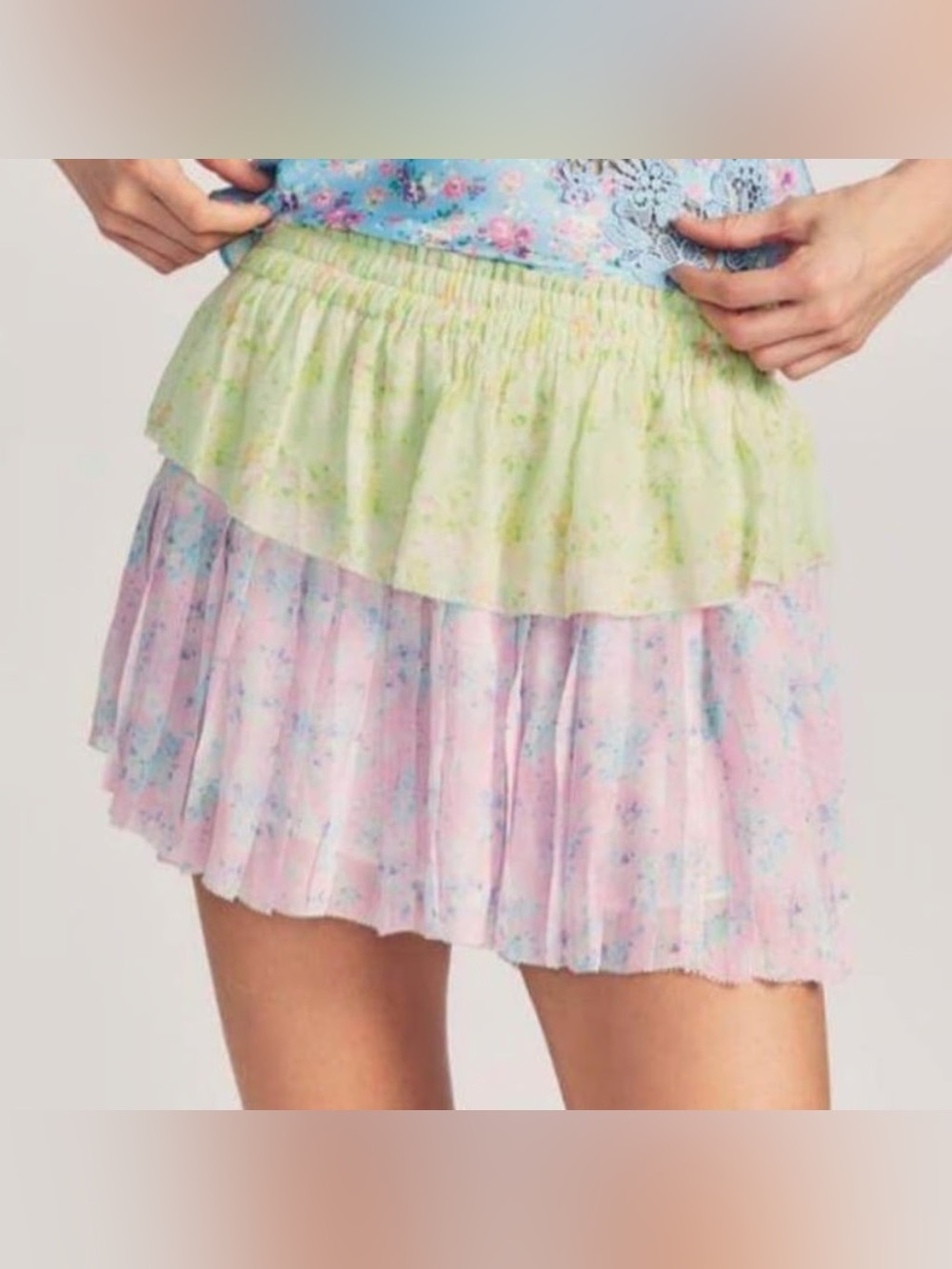LoveShackFancy Floral Tiered Mini Skirt in Pastel Pink and Light Green
